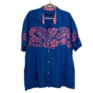 Tommy Bahama Linen Camp Shirt Size XL Blue Pink Hibiscus Flower Resortwear Beach